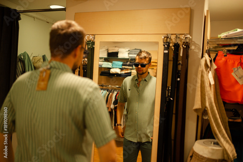 Fotografie Young man trying on clothes in a fitting room and looking at his reflection in a mirror