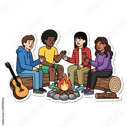 A group of four friends sitting around a campfire