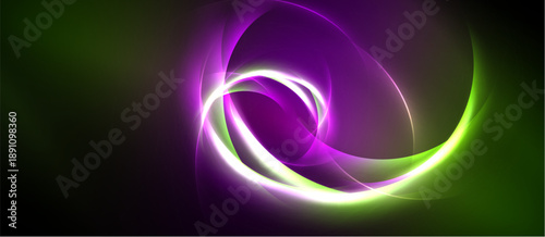 Abstract swirls, vibrant colors blend. Green, purple, white create dynamic energy, flowing forms. Dark background emphasizes luminosity.