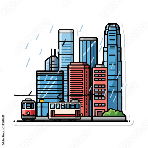 A cartoon cityscape with buildings and a trolley
