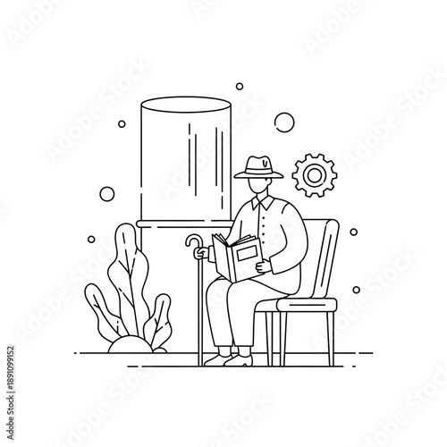 A man sitting on a chair reading a book with a thoughtful expression