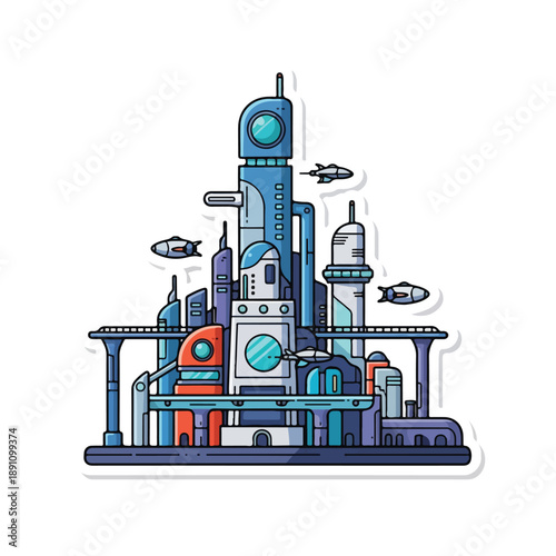 A futuristic cityscape with sleek towers and flying vehicles