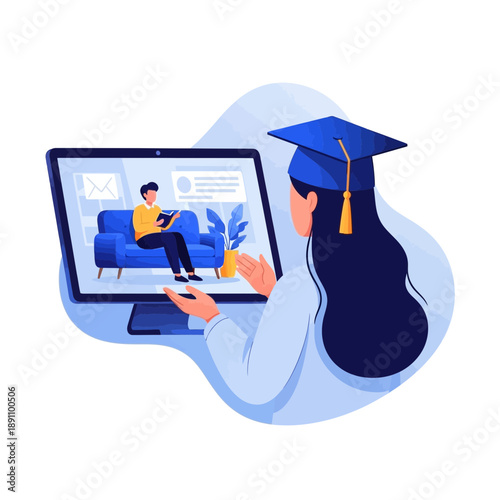 Woman in graduation cap looking at laptop with man on screen