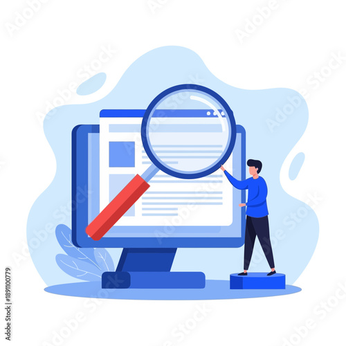 A cartoon man examining a large magnifying glass on a computer screen with a document