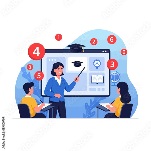 A cartoon female teacher standing and explaining to two students sitting at desks