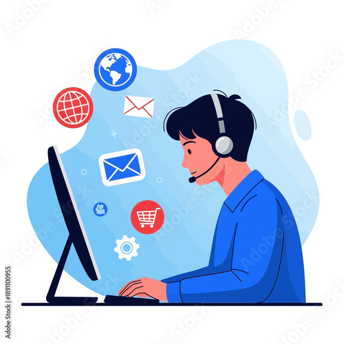 Illustration of a man wearing a headset while working on a computer with various icons floating around him