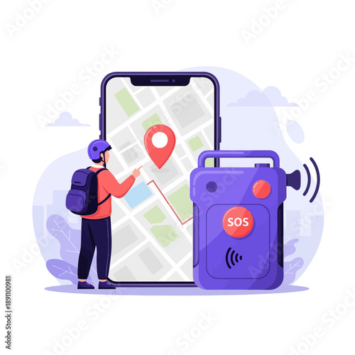 Person using smartphone with gps and sos device for navigation and emergency