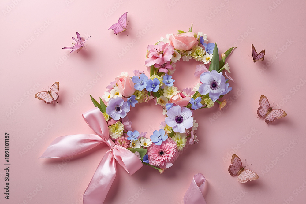 Obraz premium International Women's Day. Banner, flyer, beautiful postcard for the March 8 holiday. Flowers in the shape of the number eight and butterflies on a pink background.
