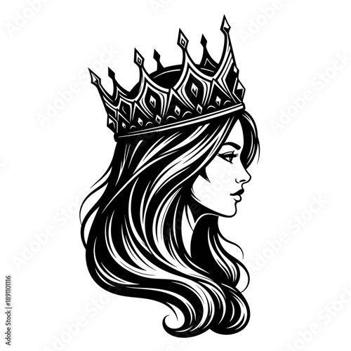 A woman wearing a crown on a in black and white