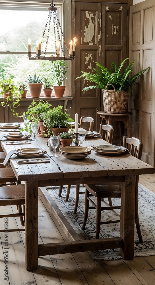 Obraz premium Rustic Dining Room with Natural Light and Greenery.
