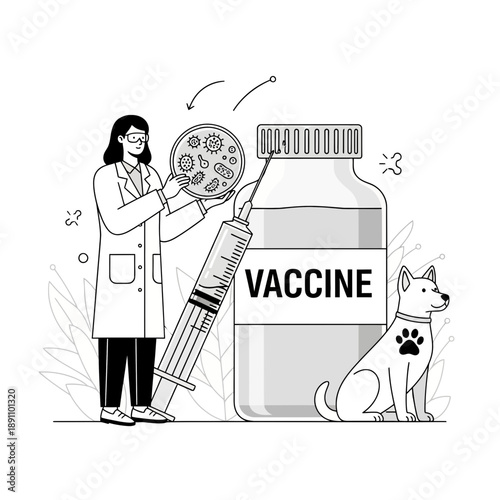 Veterinarian with a syringe and vaccine bottle with a dog