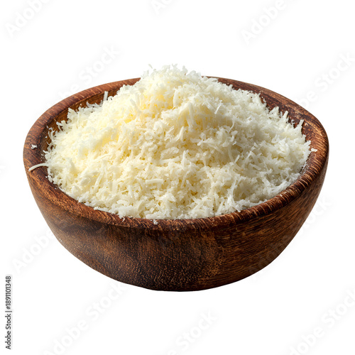 Wooden bowl full of grated parmesan cheese, fresh food ingredient isolated on transparent background