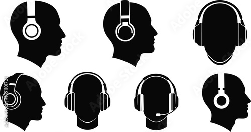 People Wearing Headphones Silhouette Vector Set with Male and Female Head Profile Icons for Music, Podcast, Audio Streaming, Call Center, and Communication Designs