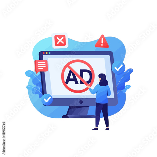 A woman standing in front of a computer monitor with a warning sign and ad block