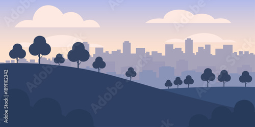 Hill and city silhouette illustration. Sloping foreground hill with sparse trees. Distant skyline beyond. Wide pastel sky with soft clouds. Quiet contemplative landscape scene.