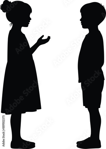 Children silhouette illustration of boy and girl talking facing each other expressing friendship innocence childhood flat vector design minimal simple