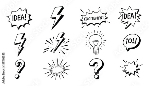 Hand drawn thought bubbles lightning bolts question marks and light bulbs design