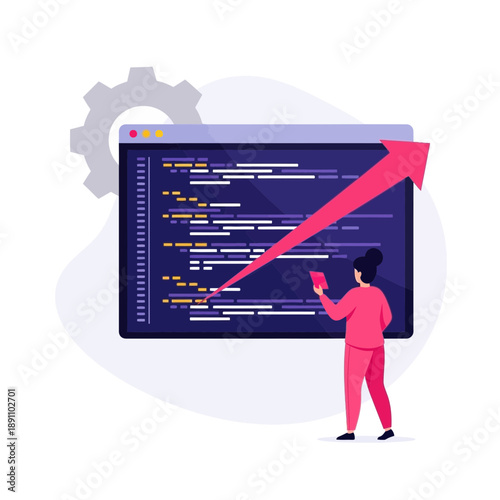 Woman standing in front of large computer screen with coding and pink arrow pointing up