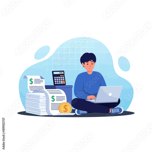 Man sitting crosslegged on floor with laptop and calculator working on finances