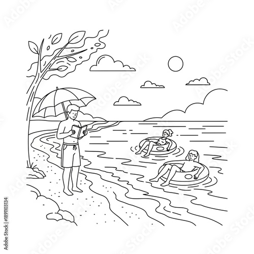 People enjoying beach vacation with umbrella and inflatable toys