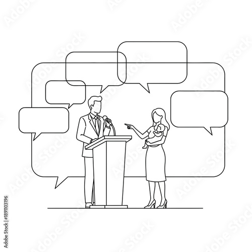 Man and woman at podium with speech bubbles