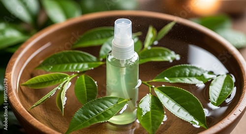Natural skincare product with green leaves in wooden bowl