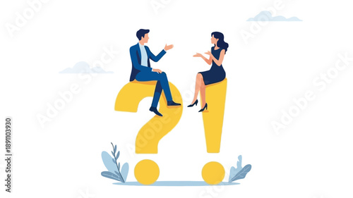 Business professionals discussing ideas while sitting on question and exclamation marks