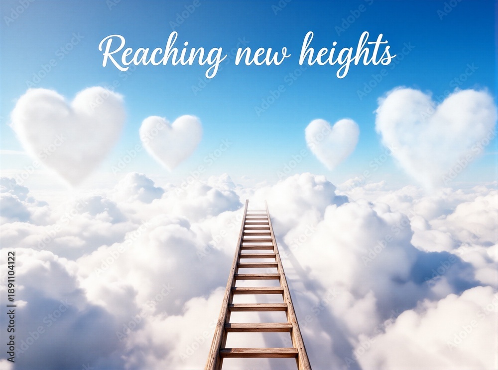Obraz premium Reaching new heights: ladder into sky with heart-shaped clouds