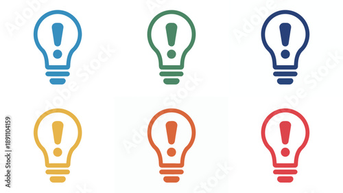 Collection of Colorful Light Bulb with Exclamation Marks Representing Ideas