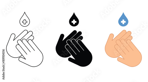 Hand Sanitizer Three Styles of Hands and Droplet with Cross Symbol