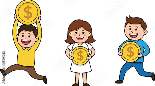 Happy People Holding Golden Dollar Coins, Celebrating Wealth and Success