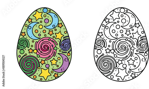 Space themed Easter egg vector illustration set with galaxy pattern including stars, moons and planets, colorful and black and white outline for coloring book page.