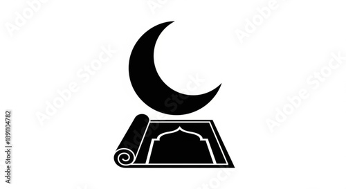 Islamic prayer rug with crescent moon symbolizing ramadan and muslim faith in simple black and white illustration