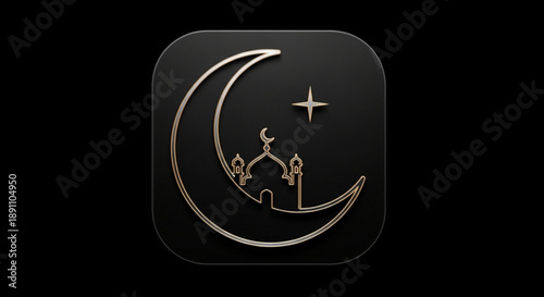 Islamic crescent moon symbol with mosque and star icon design on dark background ramadan kareem eid al fitr celebration concept elegant gold outline square rounded corners