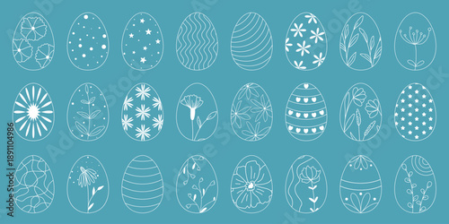 Large set of Easter eggs. Eggs decorated with patterns of flowers, herbs, hearts, stars, dots and lines. White outline illustrations of ellipses with decor, clip art. Vector elements