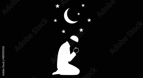 Man kneeling in prayer under starry night sky with crescent moon serene silhouette illustration