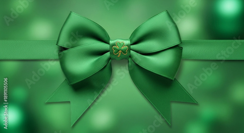 Green satin ribbon bow with gold center on blurred green background for st patrick's day or gift wrapping