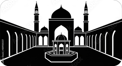 Islamic mosque courtyard with dome and minarets illustration in monochrome style