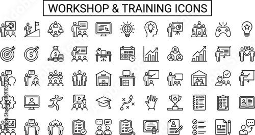 Workshop and Training Line Icon Set – Education, Seminar, Business Coaching Vector Pack