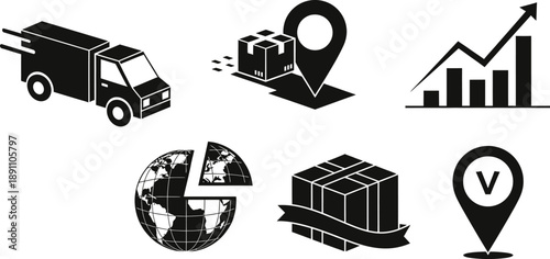 Collection of black vector icons representing logistics and global business: delivery truck, package, map pin, globe, and growth chart.