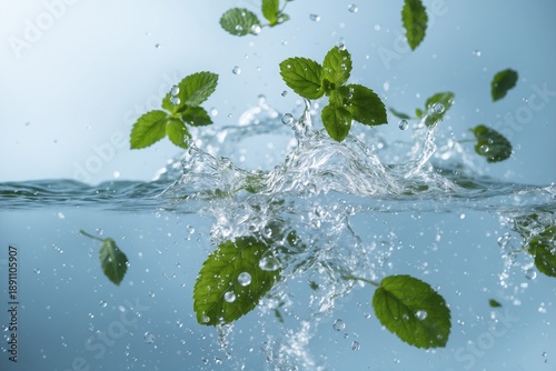 Fresh green mint leaves splashing in clear water with droplets