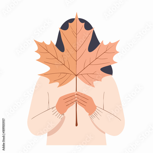 Woman holding large autumn leaf in front of her face, illustration of seasonal change