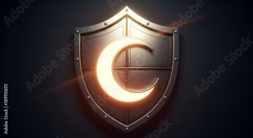 Glowing shield with crescent letter c on dark background symbolizing protection and security