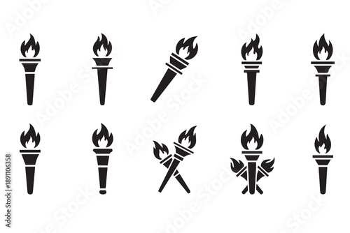 Burning Torch Icon Set - Flaming Fire Torch Silhouettes for Victory, Sports, and Achievement