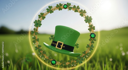 St patrick's day green hat with shamrock wreath and gold buckle in sunny grass field