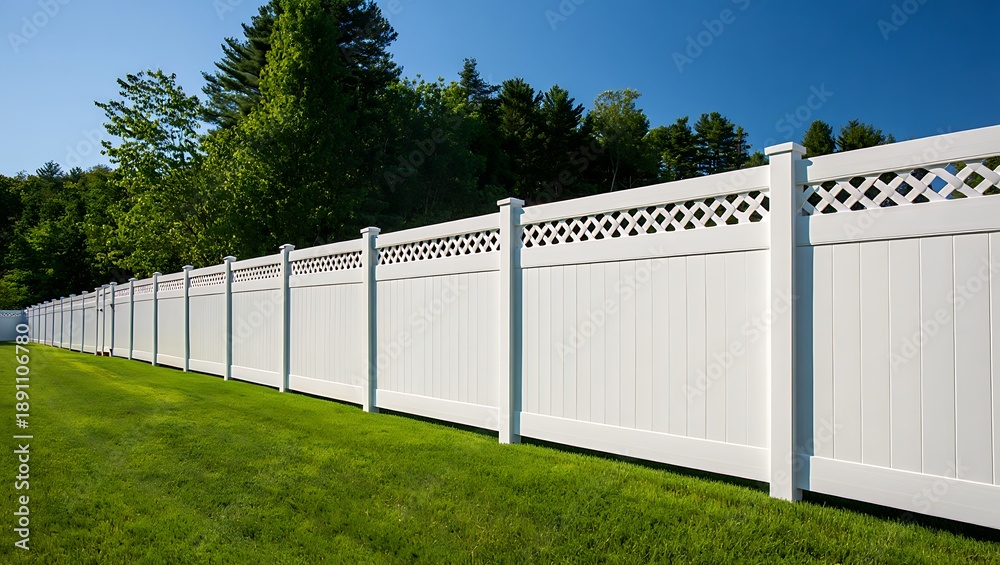 Fototapeta premium White vinyl privacy fence with lattice top in modern backyard, surrounded by green trees and blue sky, showcasing secure residential landscaping and suburban exterior design.