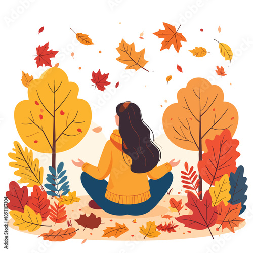 Woman meditating in autumn surrounded by falling leaves and trees from behind