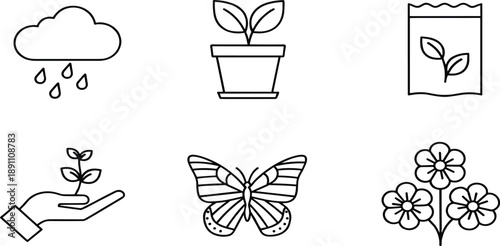 Set of gardening line icons featuring rain cloud, potted plant, seed packet, seedling in hand, butterfly, and blooming spring flowers.