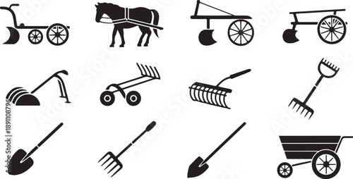 A comprehensive collection of black silhouette icons showcasing traditional farming tools and agricultural equipment