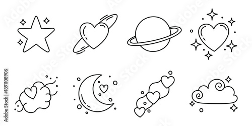 Cosmic love symbols icon set black outline vector doodle art illustration graphic